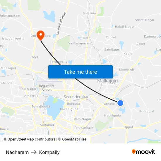 Nacharam to Kompally map