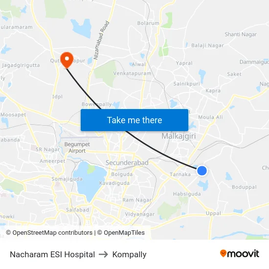 Nacharam ESI Hospital to Kompally map