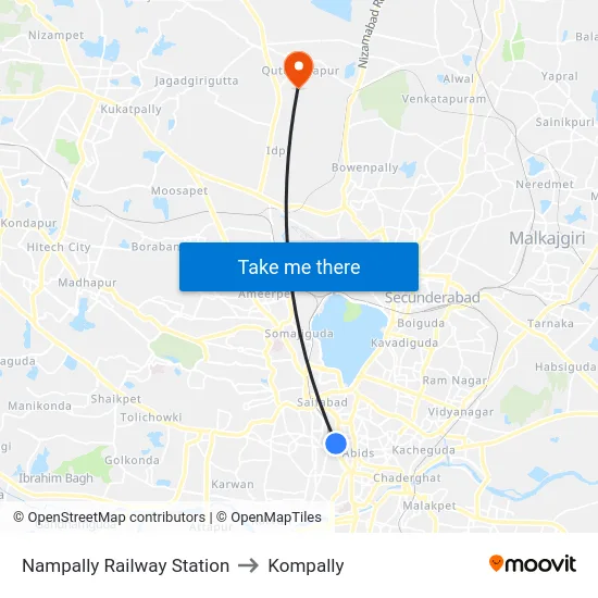 Nampally Railway Station to Kompally map
