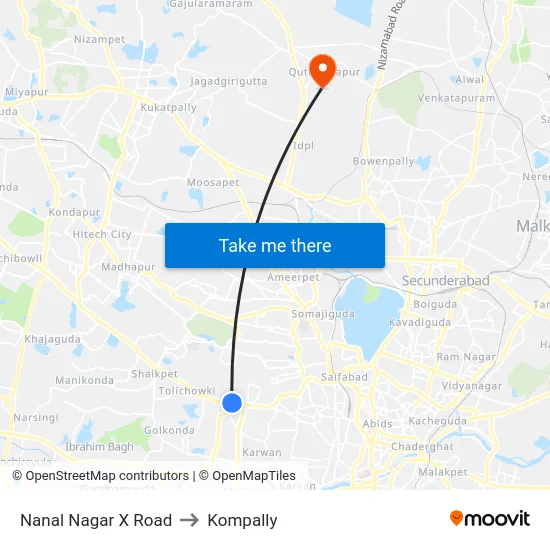 Nanal Nagar X Road to Kompally map