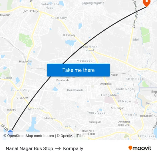 Nanal Nagar Bus Stop to Kompally map