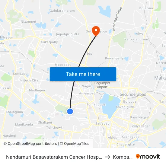 Nandamuri Basavatarakam Cancer Hospital to Kompally map