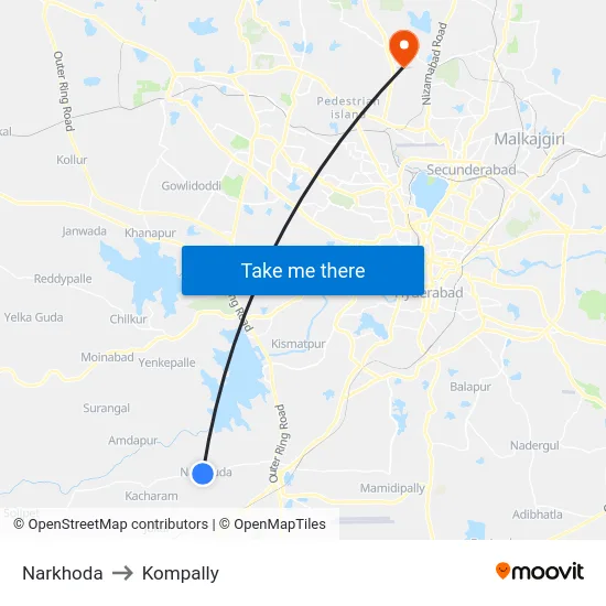 Narkhoda to Kompally map
