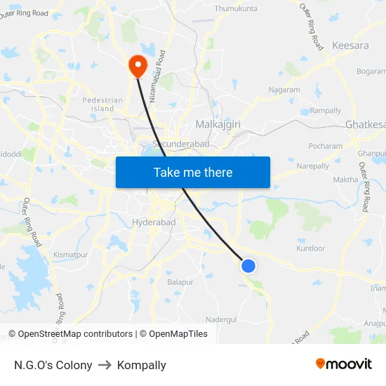 N.G.O's Colony to Kompally map