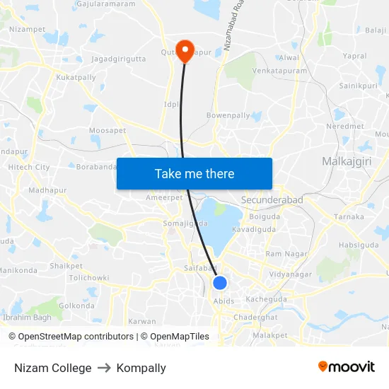 Nizam College to Kompally map