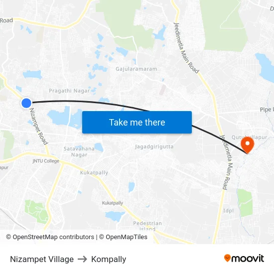 Nizampet Village to Kompally map