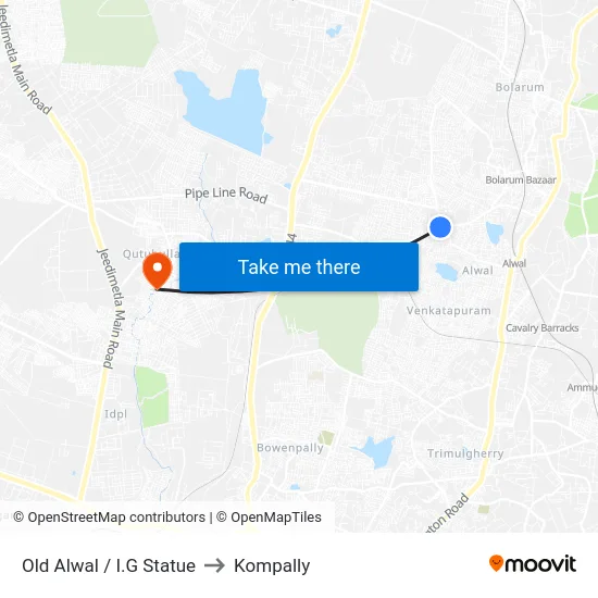 Old Alwal / I.G Statue to Kompally map