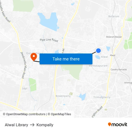 Alwal Library to Kompally map