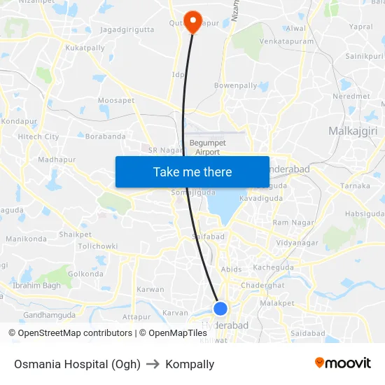 Osmania Hospital (Ogh) to Kompally map