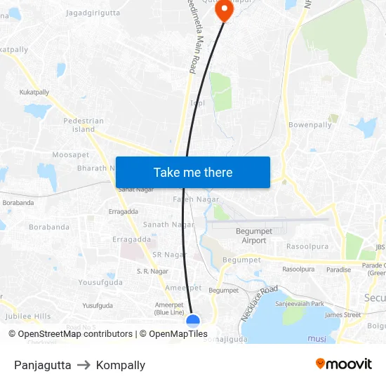 Panjagutta to Kompally map