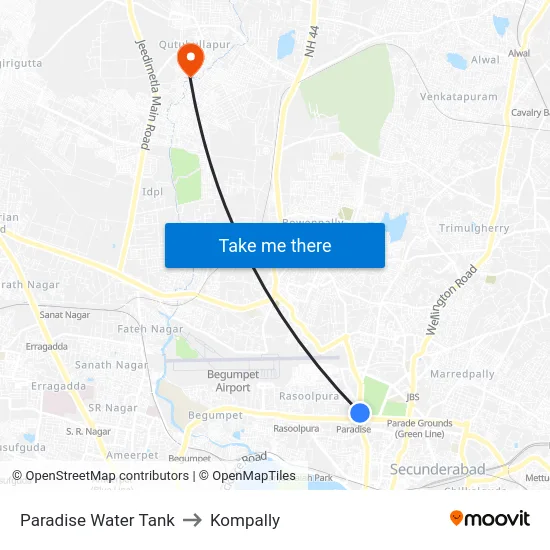 Paradise Water Tank to Kompally map