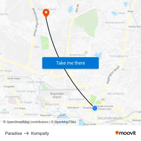 Paradise to Kompally map