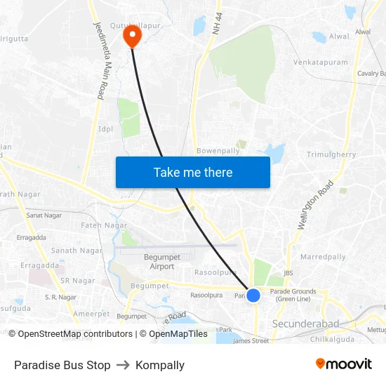 Paradise Bus Stop to Kompally map