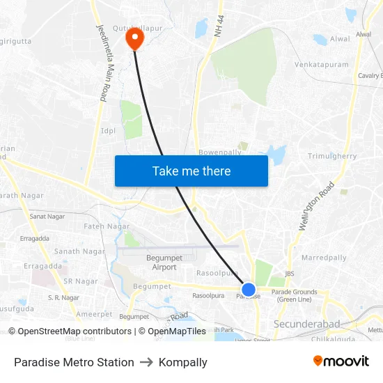 Paradise Metro Station to Kompally map