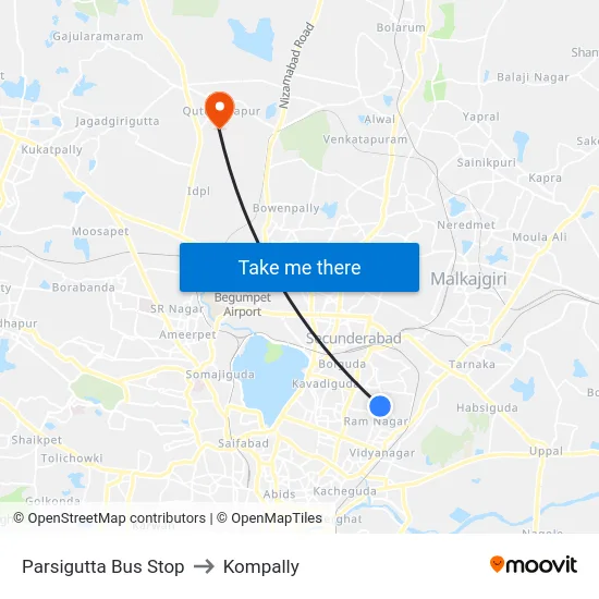 Parsigutta Bus Stop to Kompally map