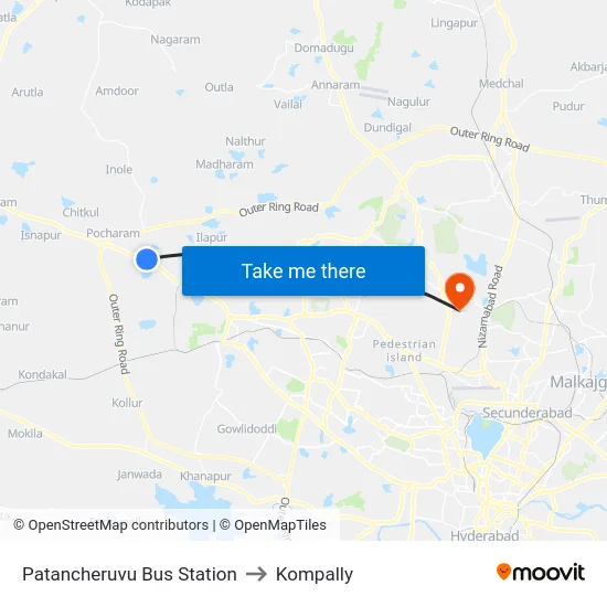 Patancheruvu Bus Station to Kompally map