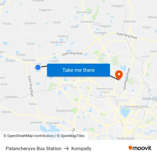 Patancheruvu Bus Station to Kompally map