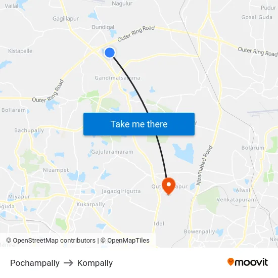Pochampally to Kompally map