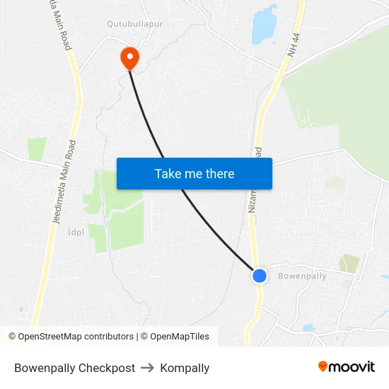 Bowenpally Checkpost to Kompally map