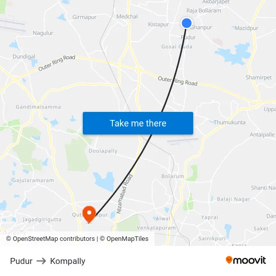 Pudur to Kompally map