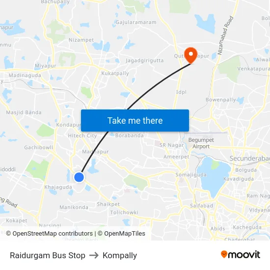 Raidurgam Bus Stop to Kompally map
