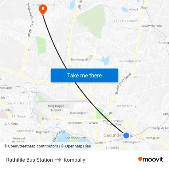 Rathifile Bus Station to Kompally map