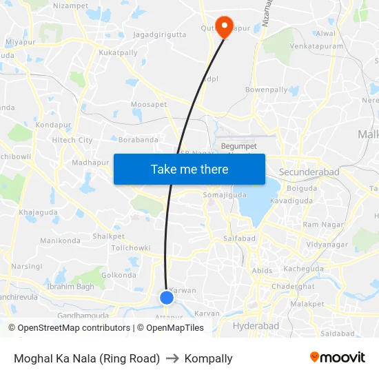 Moghal Ka Nala (Ring Road) to Kompally map