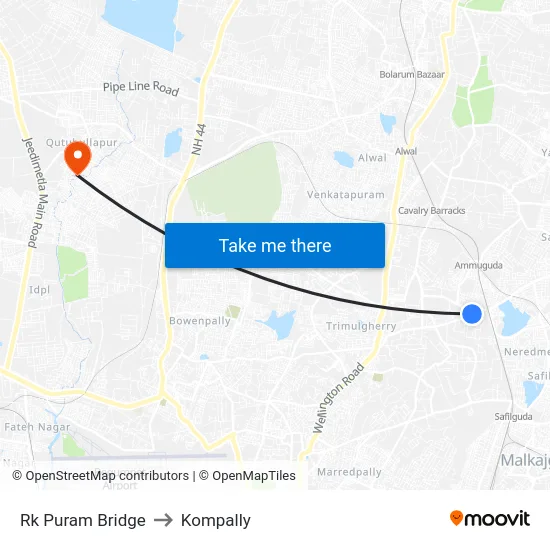 Rk Puram Bridge to Kompally map