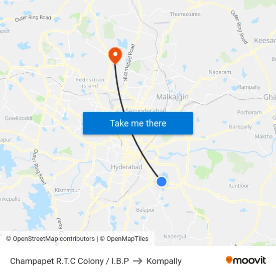 Champapet R.T.C Colony / I.B.P to Kompally map