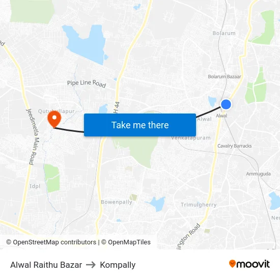 Alwal Raithu Bazar to Kompally map