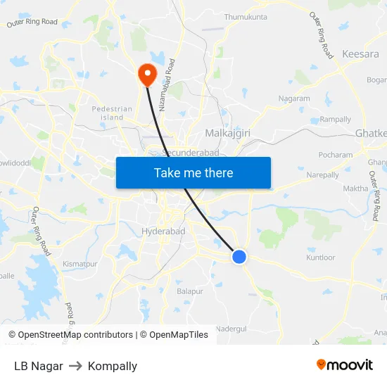 LB Nagar to Kompally map