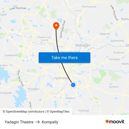 Yadagiri Theatre to Kompally map
