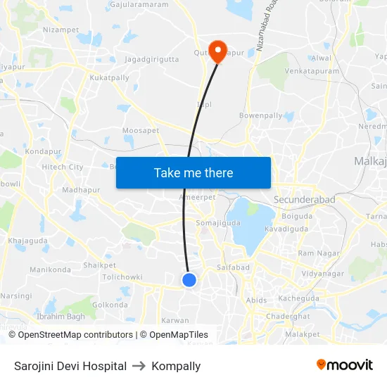 Sarojini Devi Hospital to Kompally map