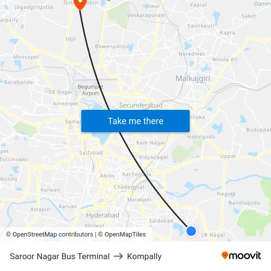 Saroor Nagar Bus Terminal to Kompally map