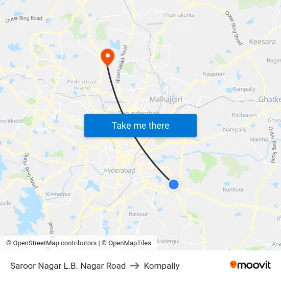Saroor Nagar L.B. Nagar Road to Kompally map