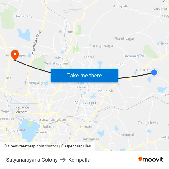 Satyanarayana Colony to Kompally map