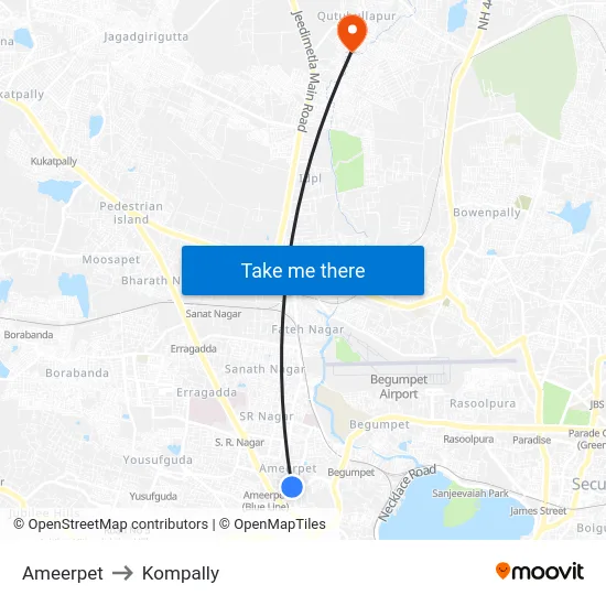 Ameerpet to Kompally map