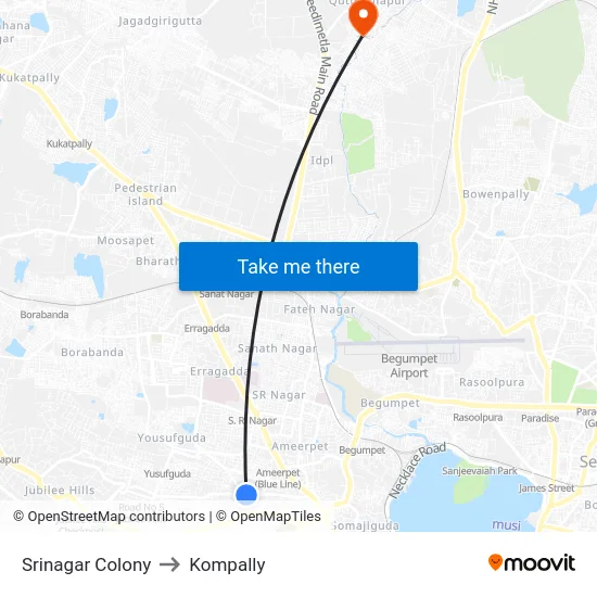 Srinagar Colony to Kompally map