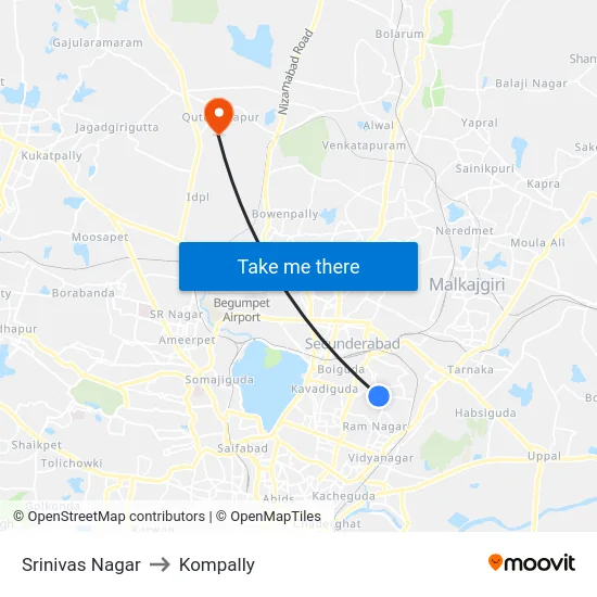 Srinivas Nagar to Kompally map