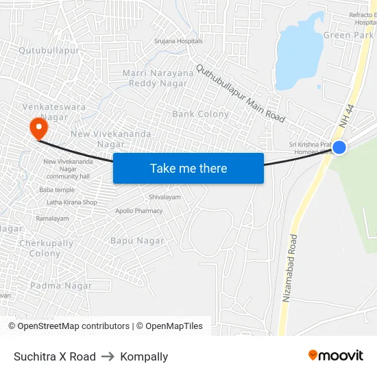 Suchitra X Road to Kompally map