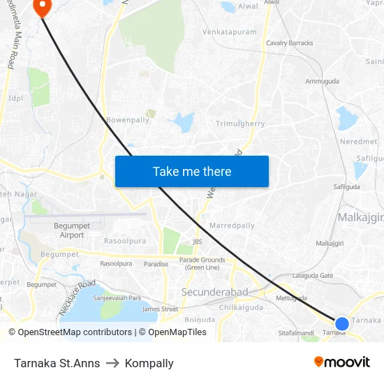 Tarnaka St.Anns to Kompally map