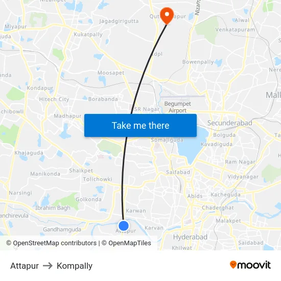 Attapur to Kompally map