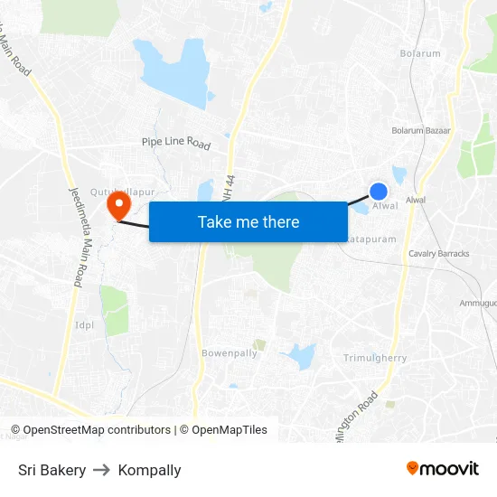 Sri Bakery to Kompally map