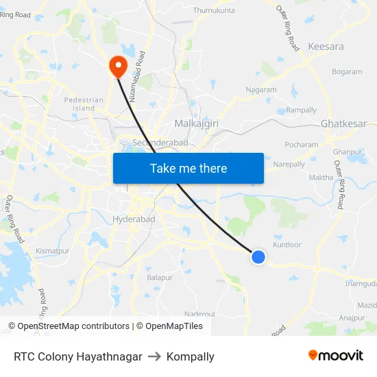RTC Colony Hayathnagar to Kompally map