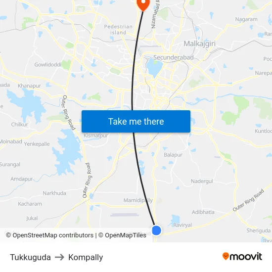 Tukkuguda to Kompally map