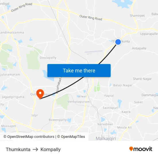 Thumkunta to Kompally map