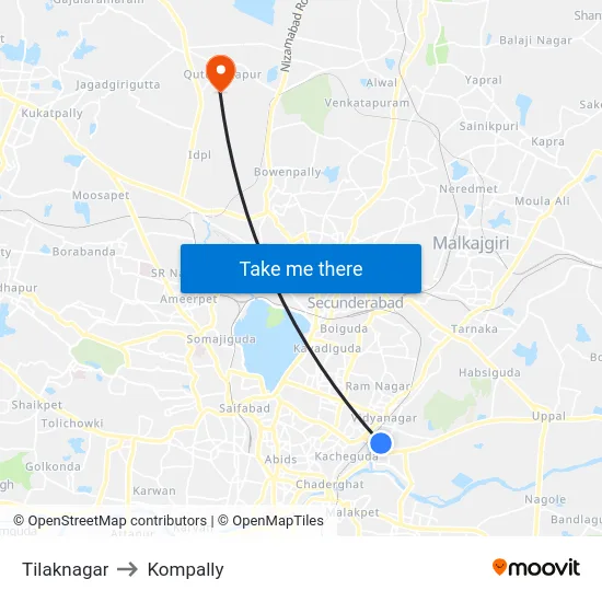 Tilaknagar to Kompally map