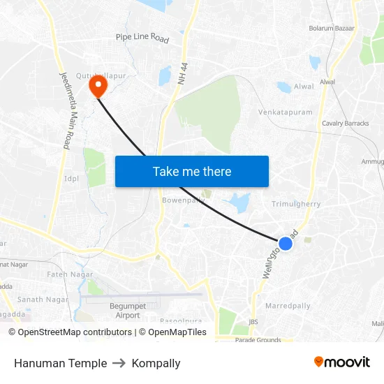 Hanuman Temple to Kompally map