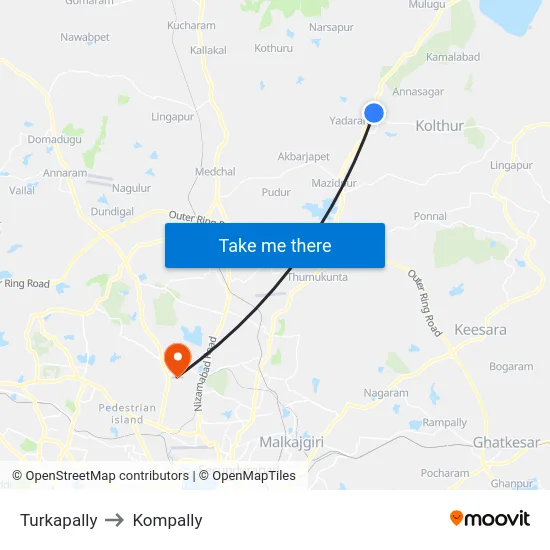 Turkapally to Kompally map