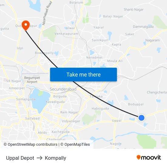 Uppal Depot to Kompally map